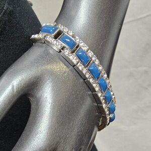 Stretch‎ Bracelet Women OS Blue Silver Art Deco Rhinestone Link